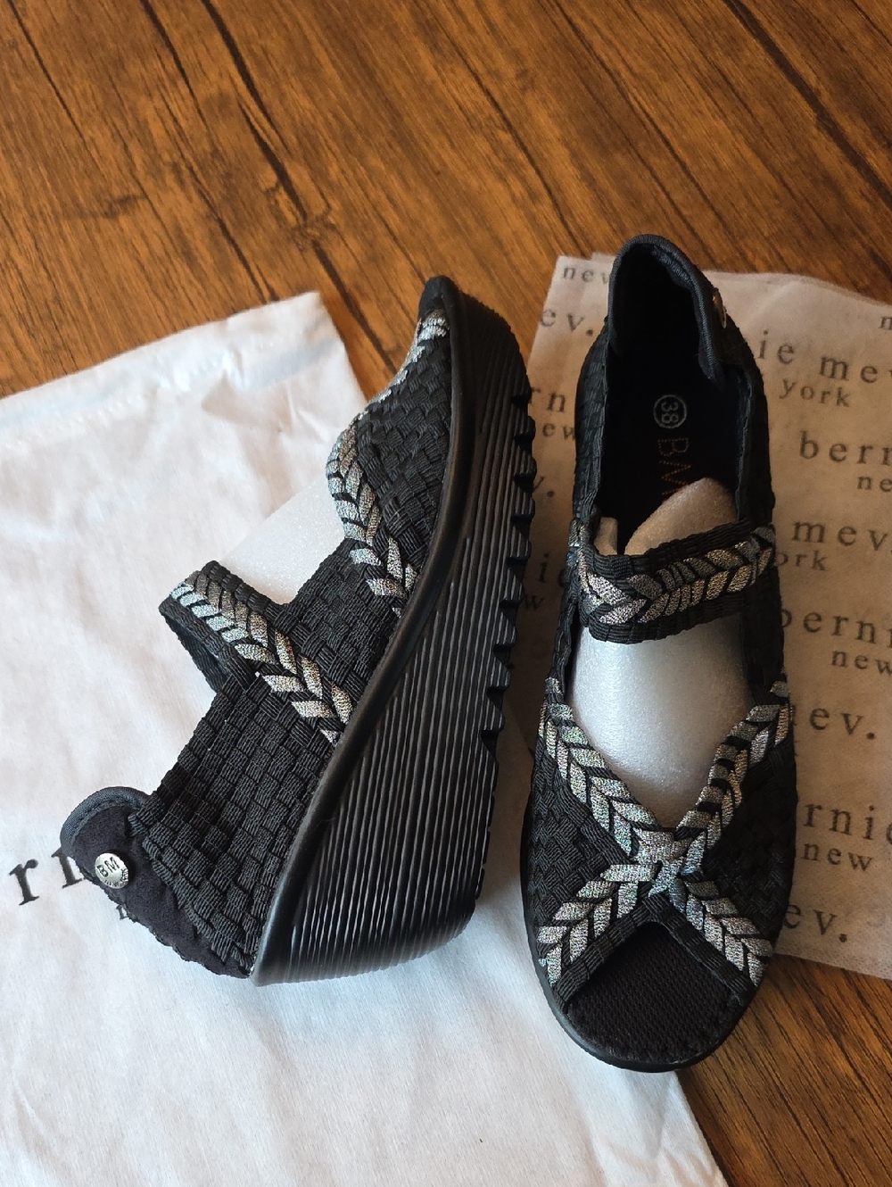 bernie mev. Black Woven Mary Jane Wedge Sandals with Metallic Braided Straps